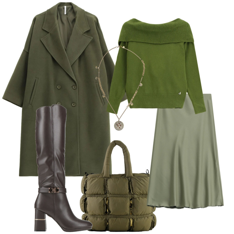 Outfit donna - Al lavoro. Stile Casual per Ufficio. Abbinamento con stivali, cappotti, maglieria, gonne lunghe, ciondoli, borse a mano.