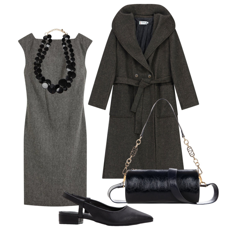 Outfit donna - Il tubino in ufficio. Stile Glamour per Ufficio. Abbinamento con vestiti a tubino, décolleté, borse a mano, cappotti, collane.