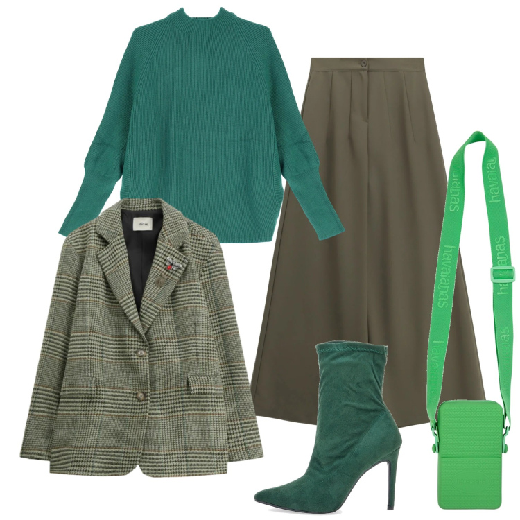 Outfit donna - Tacchi verdi. Stile Chic per Tutti i giorni. Abbinamento con pantaloni a palazzo, maglieria, blazer, stivaletti, borse a tracolla.