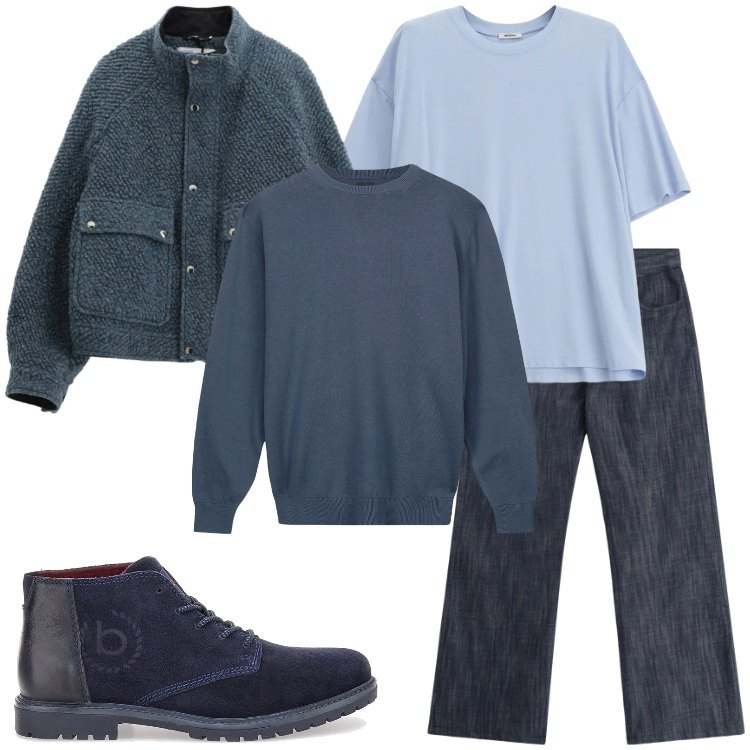 Outfit uomo - Tonalità fredde. Stile Urban per Tutti i giorni. Abbinamento con jeans, t-shirt, bomber, maglieria, scarpe stringate.