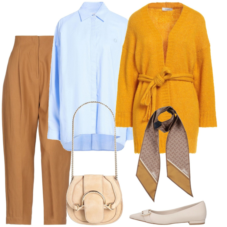 Outfit donna - Il pranzo di domenica. Stile Casual chic per Serata fuori. Abbinamento con pantaloni, marsupi, ballerine, sciarpe, camicie, cardigans.