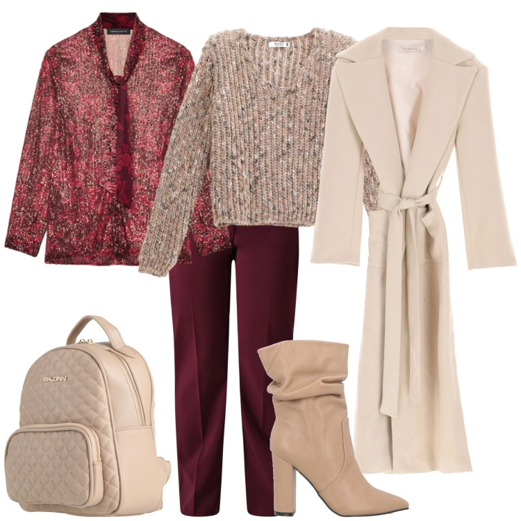 Outfit donna - Total look #2333826. Stile Casual chic per Ufficio. Abbinamento con stivaletti, zaini, pantaloni, cappotti, maglieria, camicie.