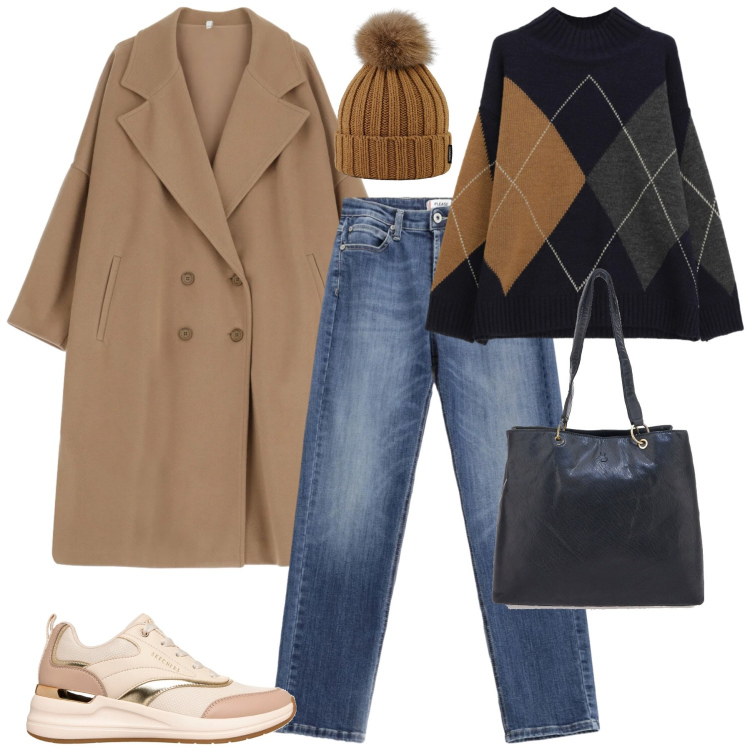 Outfit donna - Febbraio. Stile Casual chic per Tutti i giorni. Abbinamento con cappotti, pullovers, jeans, berretti, shopping bag, sneakers.