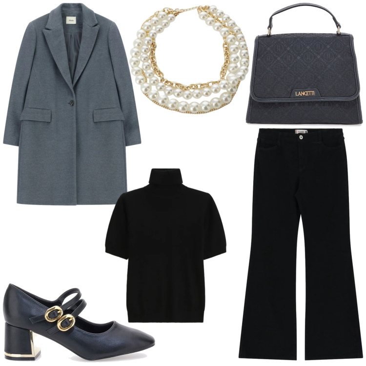 Outfit donna - Professionale in ufficio. Stile Chic per Ufficio. Abbinamento con maglieria, collane, cappotti, pantaloni, borse a spalla, décolleté.