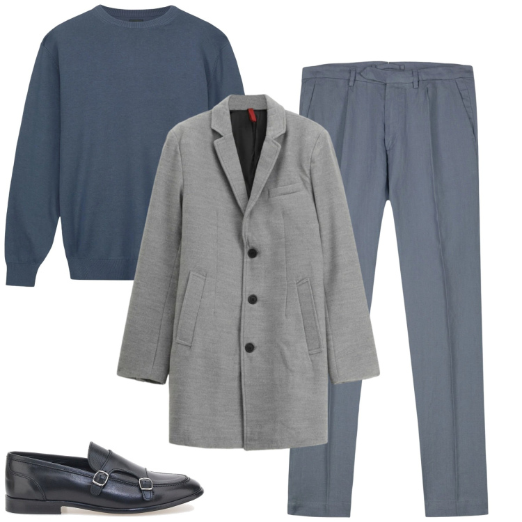 Outfit uomo - Grey and blue. Stile Urban per Tutti i giorni. Abbinamento con cappotti, maglieria, scarpe stringate, pantaloni.