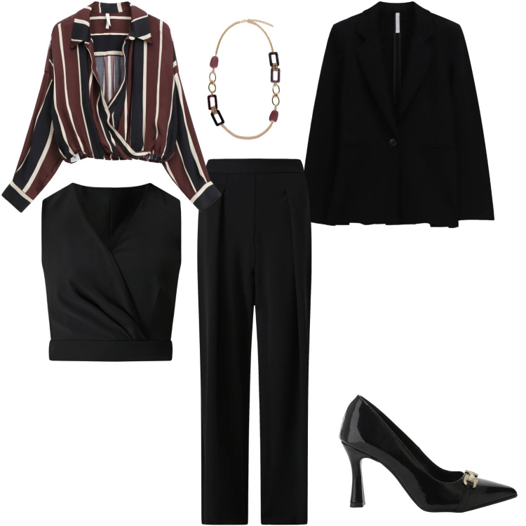 Outfit donna - Ufficio. Stile Casual chic per Ufficio. Abbinamento con camicie, décolleté, blazer, top, pantaloni, collane.