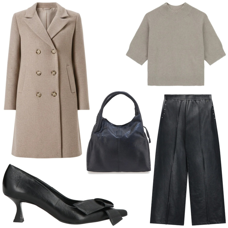 Outfit donna - Décolleté & black pants. Stile Trendy per Tutti i giorni. Abbinamento con décolleté, maglieria, pantaloni a palazzo, cappotti, borse a mano.