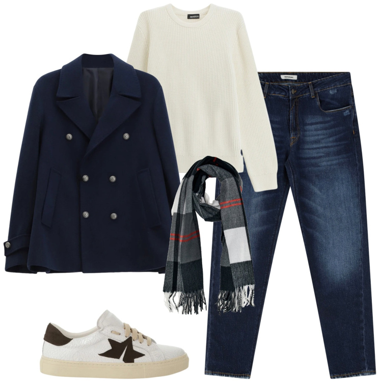 Outfit uomo - Mare d\'inverno. Stile Casual per Tutti i giorni. Abbinamento con jeans dritti, maglieria, sneakers, cappotti, sciarpe.