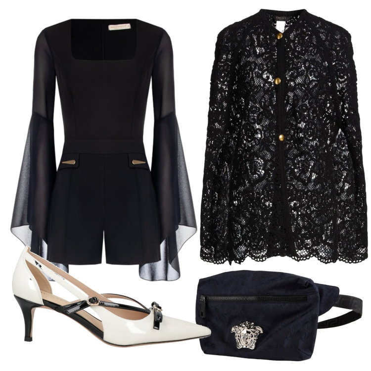 Outfit donna - Cerimonia di primavera. Stile Casual chic per Cerimonia. Abbinamento con cappe, décolleté, marsupi, tuta corta.