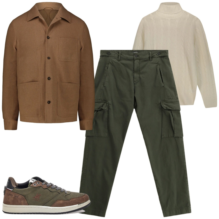 Outfit uomo - Cena tra amici. Stile Casual per Serata speciale. Abbinamento con pantaloni cargo, sneakers, cappotti, maglieria.