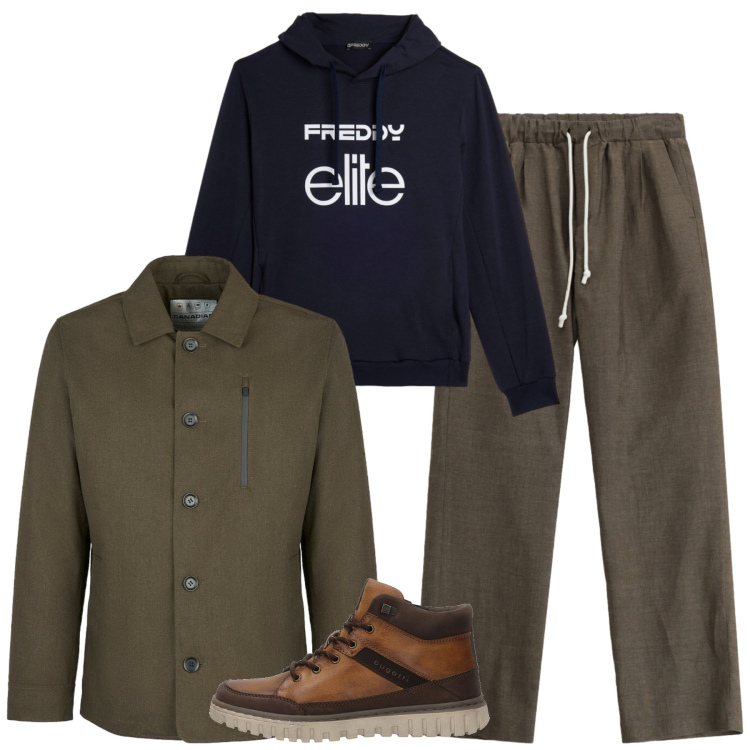 Outfit uomo - Total look #2333855. Stile Casual per Tutti i giorni. Abbinamento con pantaloni, felpe con cappuccio, cappotti, anfibi.