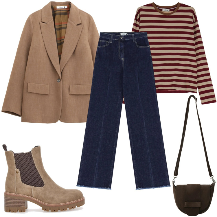 Outfit donna - Basic con Stile. Stile Basic per Tutti i giorni. Abbinamento con borse a tracolla, t-shirt, blazer, jeans, stivaletti chelsea.