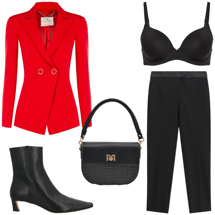 Outfit donna - Femminile e stilosa. Stile Chic per Serata fuori. Abbinamento con stivaletti, pantaloni, blazer, reggiseni, borse a spalla.