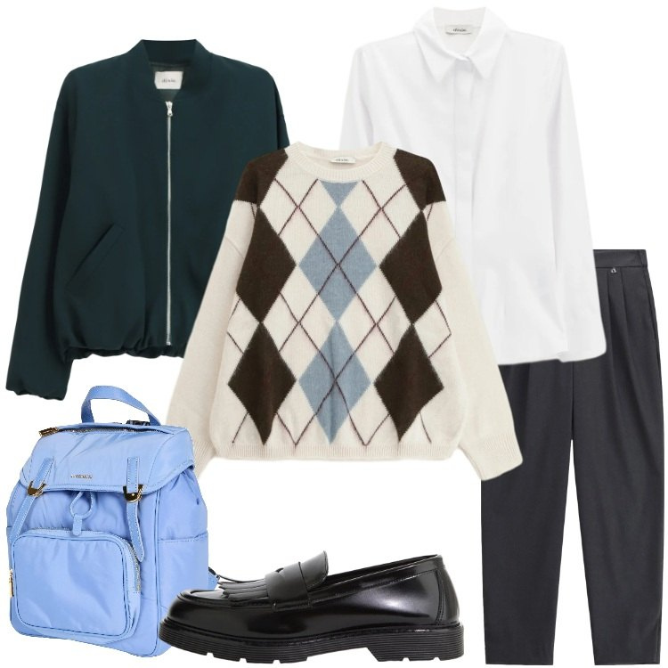 Outfit donna - Stile British in tendenza - @tiffany22. Stile Preppy per Scuola/Università. Abbinamento con zaini, mocassini, bomber, camicie, pantaloni, maglieria.