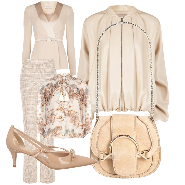 Outfit donna - Discussione di laurea. Stile Casual chic per Cerimonia. Abbinamento con marsupi, décolleté, blazer, bomber, pantaloni a palazzo, bluse.