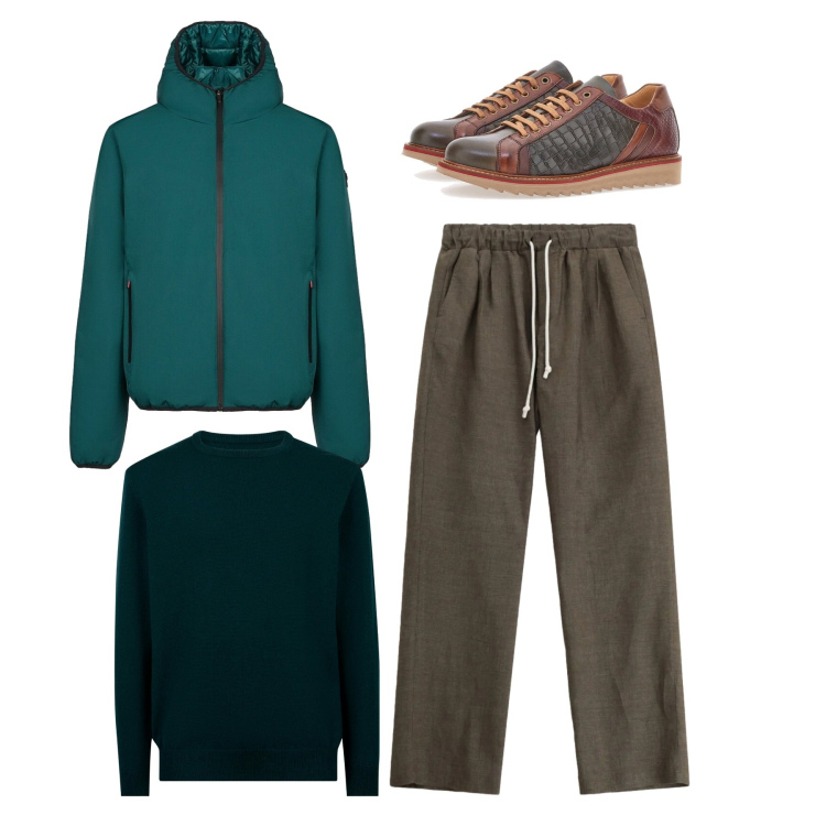 Outfit uomo - Total look. Stile Casual per Tutti i giorni. Abbinamento con pantaloni, bomber, maglieria, scarpe stringate.