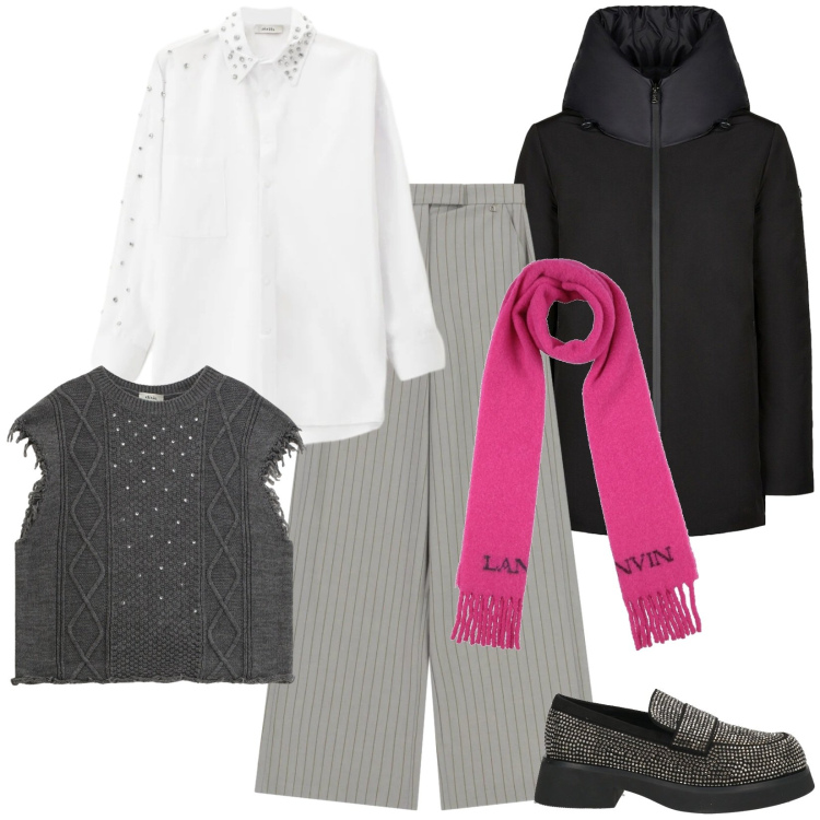 Outfit donna - Una cascata di strass. Stile Trendy per Tutti i giorni. Abbinamento con mocassini, sciarpe, maglieria, camicie, pantaloni a palazzo, eskimo.
