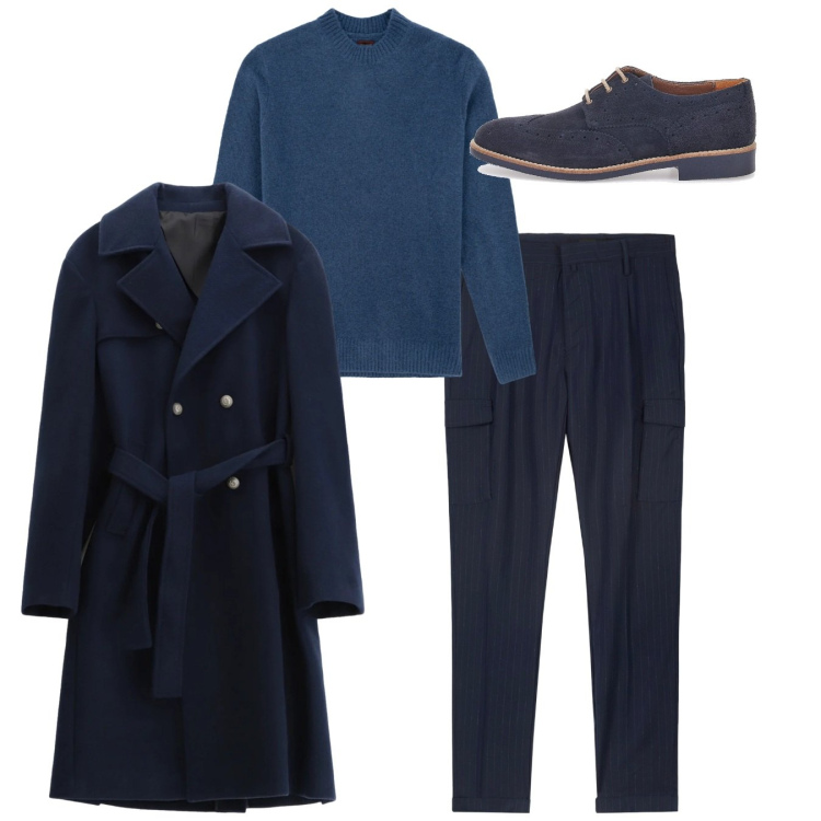 Outfit uomo - Total look. Stile Casual per Tutti i giorni. Abbinamento con cappotti, scarpe stringate, pantaloni cargo, maglieria.