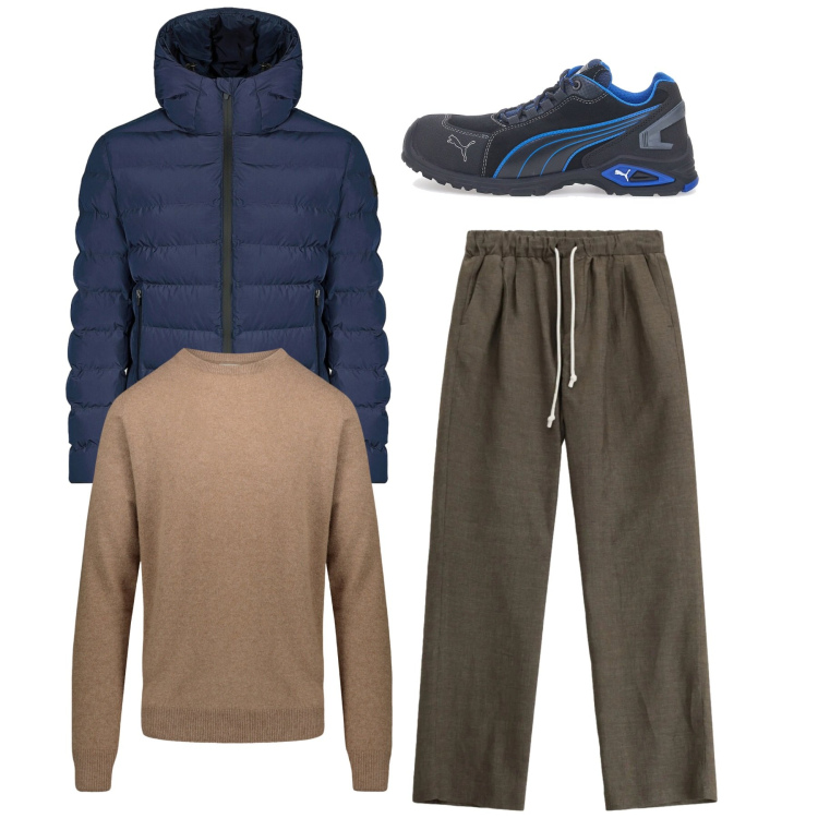 Outfit uomo - Total look. Stile Casual per Tutti i giorni. Abbinamento con pantaloni, bomber, maglieria, scarpe stringate.