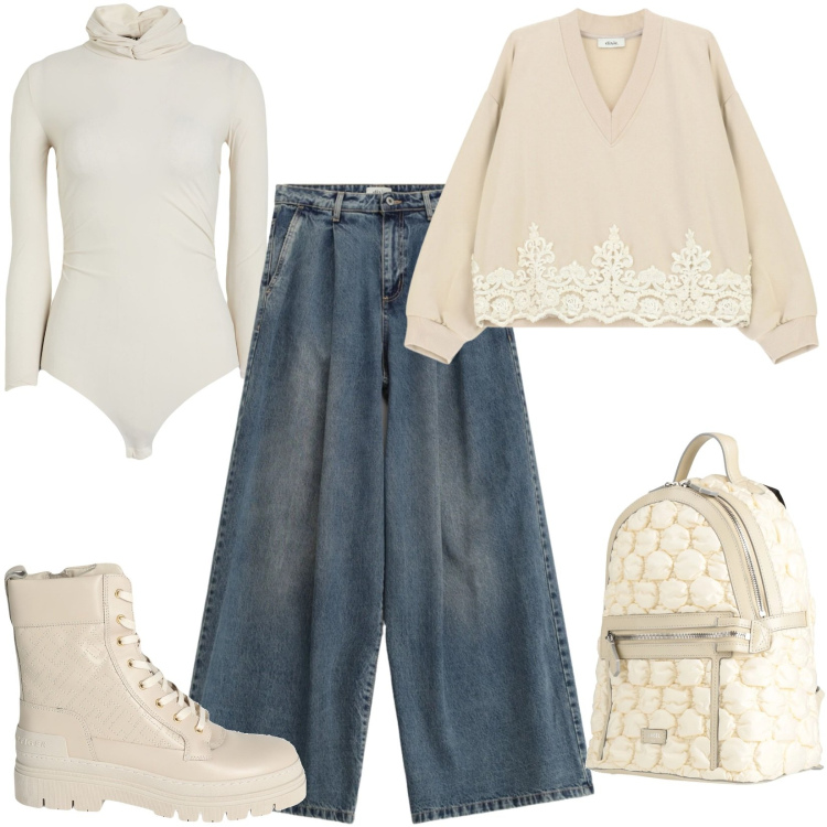 Outfit donna - Simply beige. Stile Casual per Tutti i giorni. Abbinamento con body, zaini, stivaletti, jeans, felpe.
