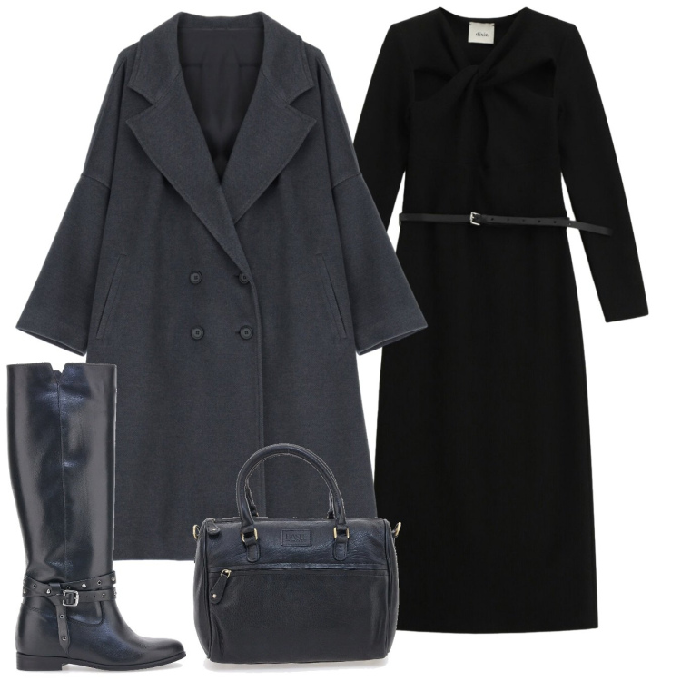 Outfit donna - Total look. Stile Casual per Tutti i giorni. Abbinamento con cappotti, vestiti asimmetrici, stivali, borse a tracolla.