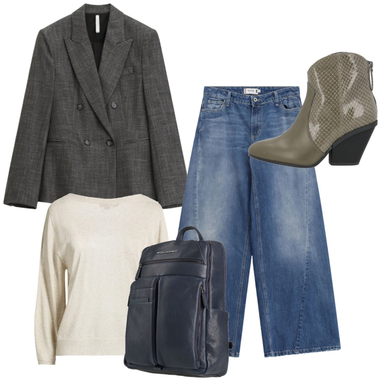 Outfit donna - Total look. Stile Casual chic per Tutti i giorni. Abbinamento con stivaletti texani, pullovers, zaini, blazer, jeans.