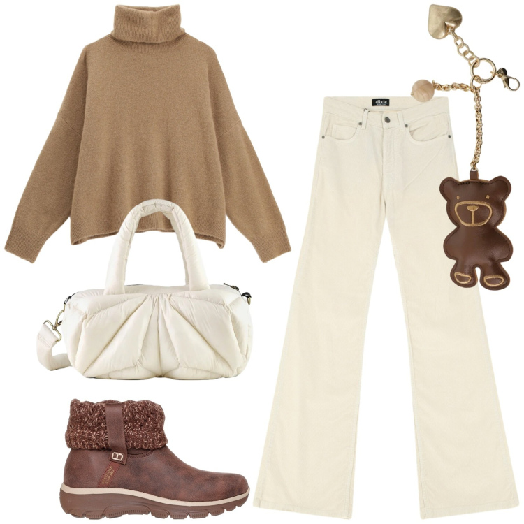 Outfit donna - Total look #2333932. Stile Casual per Tutti i giorni. Abbinamento con maglieria, jeans, portachiavi, borse a mano, stivaletti.