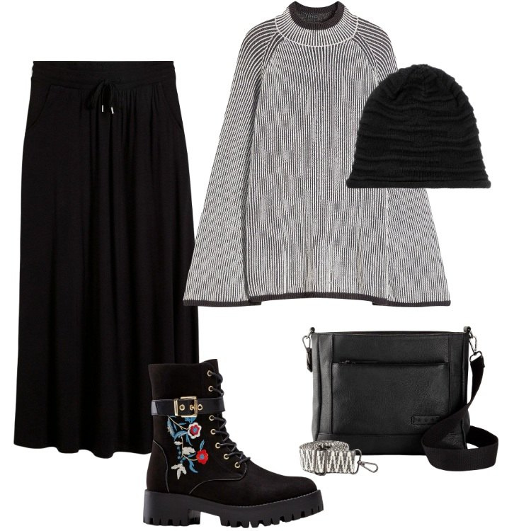 Outfit donna - Total look #2333937. Stile Boho per Serata fuori. Abbinamento con gonne, berretti, stivali, borse a tracolla, maglieria.