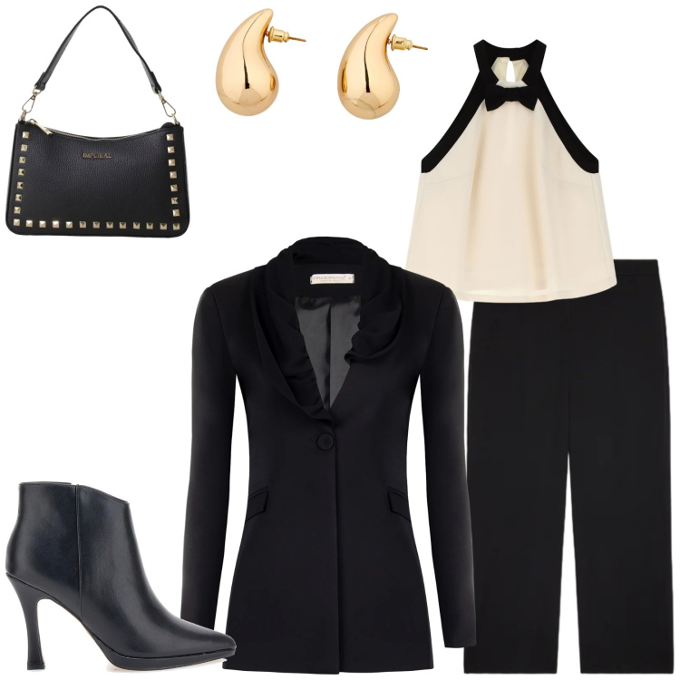 Outfit donna - Total look #2333939. Stile Chic per Cerimonia. Abbinamento con orecchini, pochette, top, blazer, pantaloni, stivaletti.