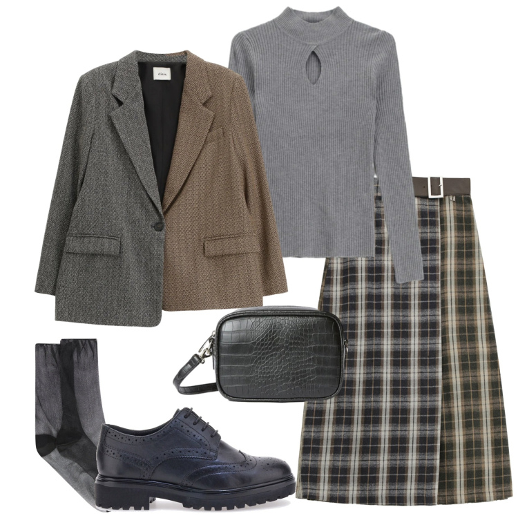 Outfit donna - Stile British. Stile Casual chic per Tutti i giorni. Abbinamento con maglieria, gonne, blazer, scarpe stringate, borse a tracolla, calzini.