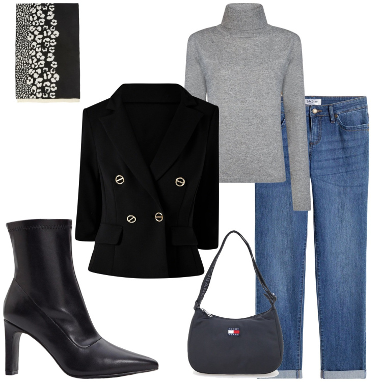 Outfit donna - Total look #2333942. Stile Casual chic per Ufficio. Abbinamento con jeans dritti, stivaletti, blazer, maglieria, sciarpe, borse a spalla.