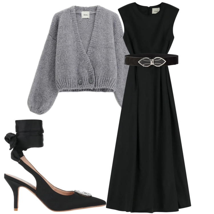 Outfit donna - Décolleté mania. Stile Chic per Serata fuori. Abbinamento con cinture, décolleté, vestiti lunghi, cardigans.