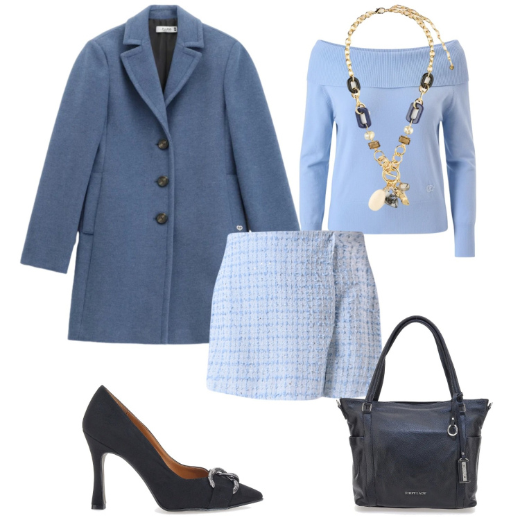 Outfit donna - Total look #2333944. Stile Chic per Serata fuori. Abbinamento con minigonne, pullovers, cappotti, décolleté, collane, shopping bag.