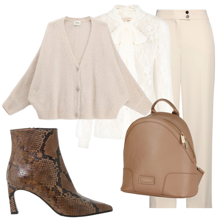 Outfit donna - Toni chiari. Stile Bon Ton per Tutti i giorni. Abbinamento con pantaloni, zaini, stivaletti, cardigans, camicie.