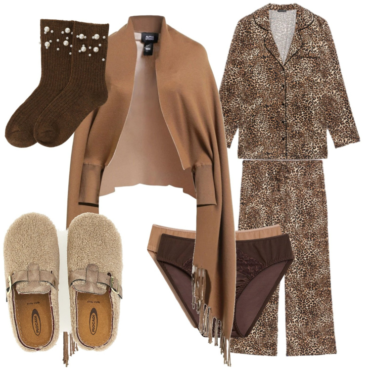 Outfit donna - Pigiama versione cool. Stile Casual per Tutti i giorni. Abbinamento con culotte, cappe, calzini, pigiama, pantofole.