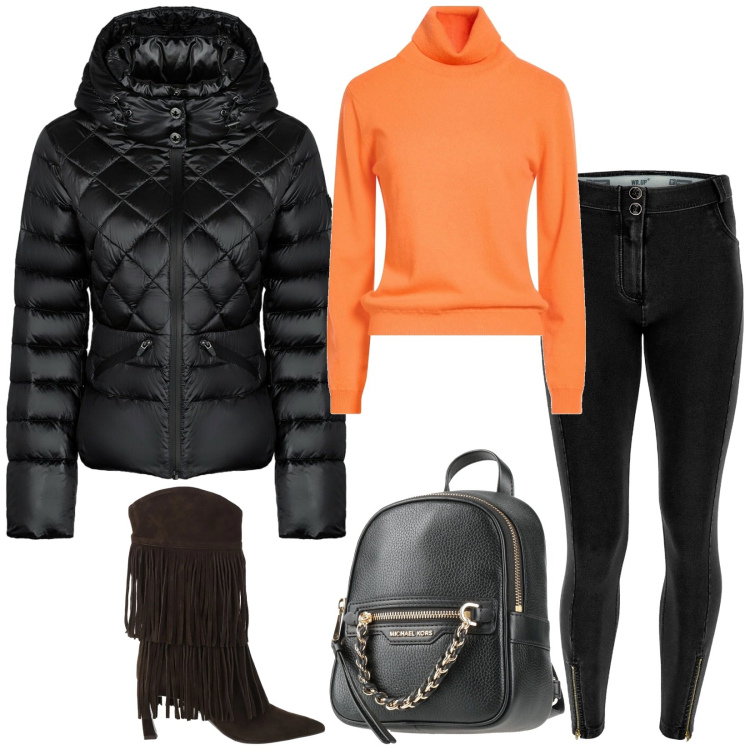 Outfit donna - Total look #2333966. Stile Casual chic per Tutti i giorni. Abbinamento con maglieria, zaini, stivali, jeggings, piumini.