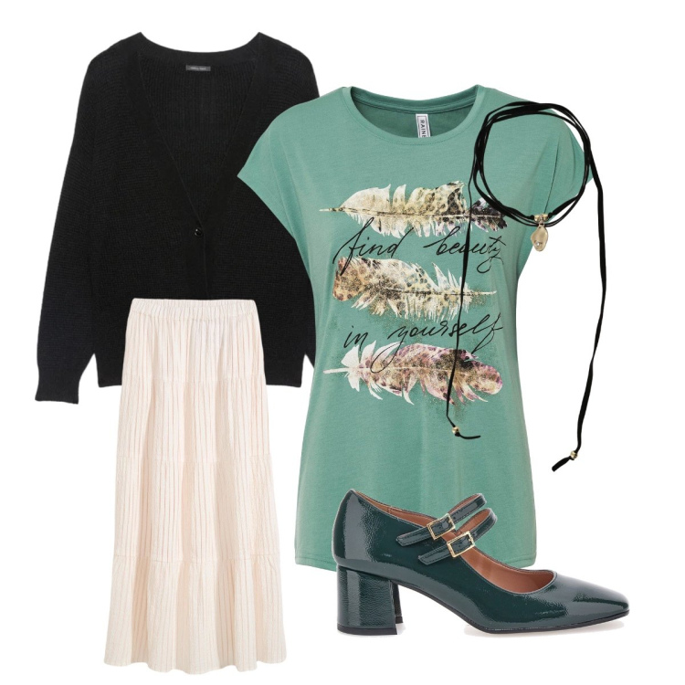 Outfit donna - Green retro’. Stile Vintage retrò per Scuola/Università. Abbinamento con gonne lunghe, t-shirt, collane, cardigans, décolleté.