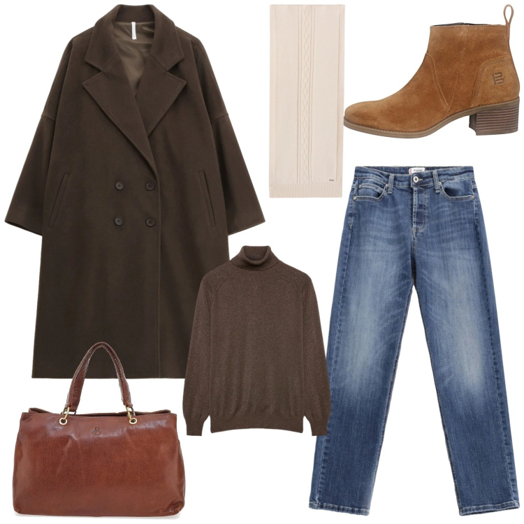 Outfit donna - Look boho chic. Stile Boho per Tutti i giorni. Abbinamento con cappotti, jeans, sciarpe, stivaletti, maglieria, borse a tracolla.