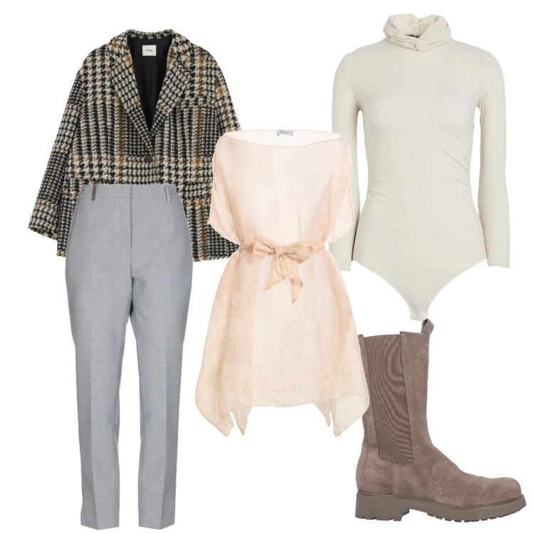 Outfit donna - Ufficio febbraio curvy. Stile Mannish per Ufficio. Abbinamento con pantaloni, body, stivali, top, blazer.