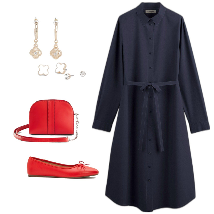 Outfit femme - Marine & Rouge. Style Romantique pour Tous les jours. Assortir avec robes mi-longues/au genou, sacs en bandoulière, ballerines, boucles d'oreilles.