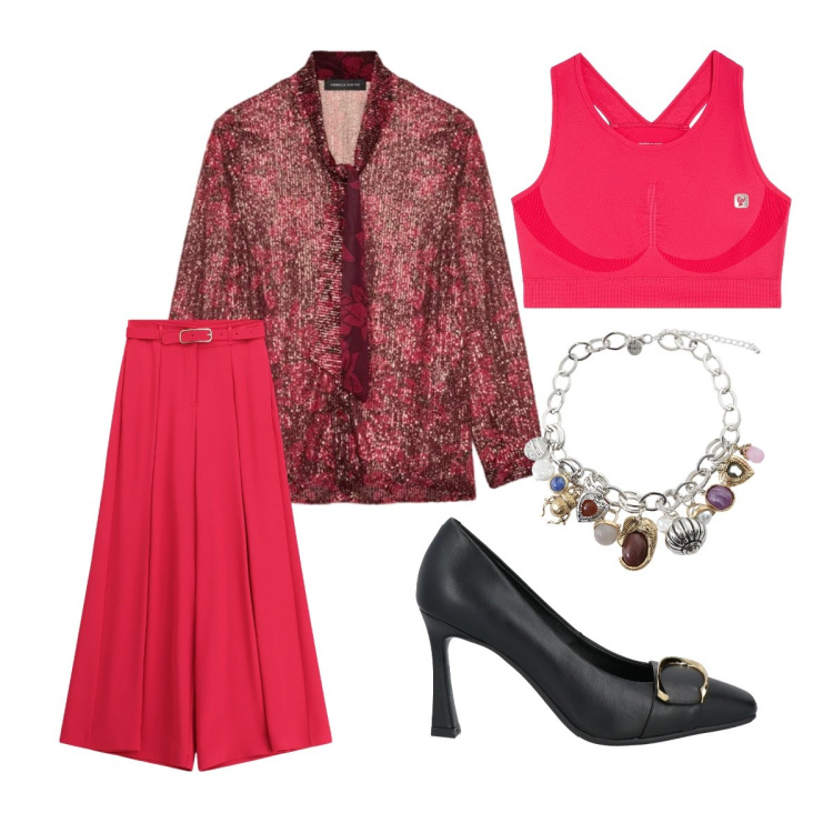 Outfit donna - Rosso protagonista a febbraio. Stile Bon Ton per Serata fuori. Abbinamento con décolleté, pantaloni a palazzo, braccialetti con ciondoli, reggiseni, camicie.