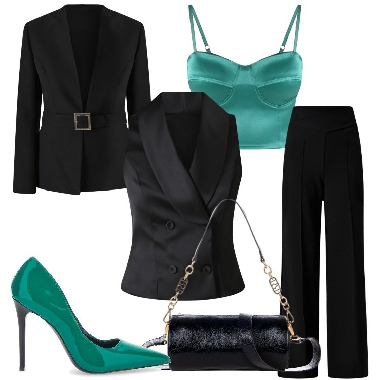 Outfit donna - Décolleté mania. Stile Glamour per Serata fuori. Abbinamento con gilet, pantaloni, borse a mano, canottiere, blazer, décolleté.