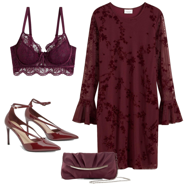 Outfit femme - Romantique. Style Romantique pour Soirée dehors. Assortir avec robes courtes, soutiens-gorge, pochette, chaussures à talon.