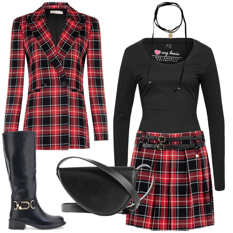 Outfit donna - Rosso quadro. Stile Chic per Tutti i giorni. Abbinamento con body, borse a tracolla, collane, minigonne, blazer, stivali.