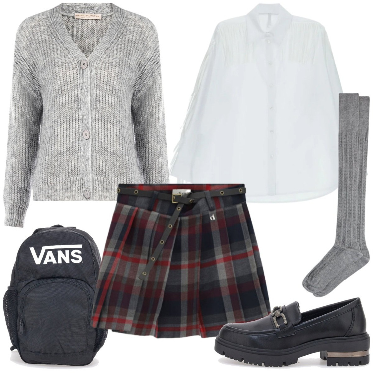 Outfit donna - British classico. Stile Trendy per Tutti i giorni. Abbinamento con camicie, minigonne, cardigans, zaini, mocassini, collant.