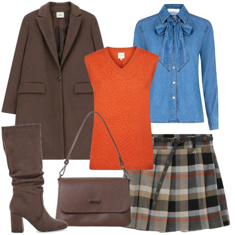 Outfit donna - Stile British in tendenza - @tiffany22. Stile Bon Ton per Scuola/Università. Abbinamento con borse a tracolla, cappotti, minigonne, camicie, maglieria, stivali sopra il ginocchio.