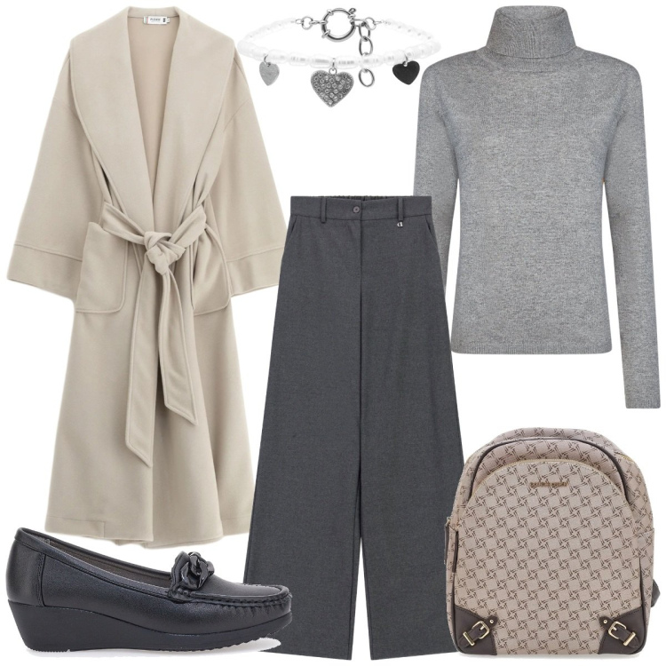 Outfit donna - British sotto la pioggia. Stile Chic per Tutti i giorni. Abbinamento con pantaloni a palazzo, cappotti, braccialetti, maglieria, zaini, mocassini.