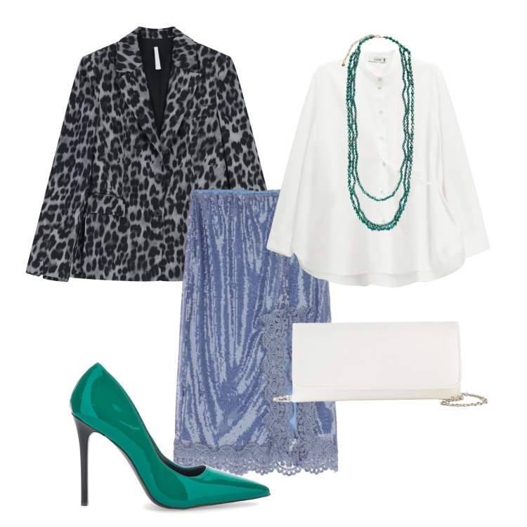 Outfit donna - Tocco di colore & animalier. Stile Casual chic per Ufficio. Abbinamento con pochette, blazer, gonne longuette, camicie, décolleté, collane.