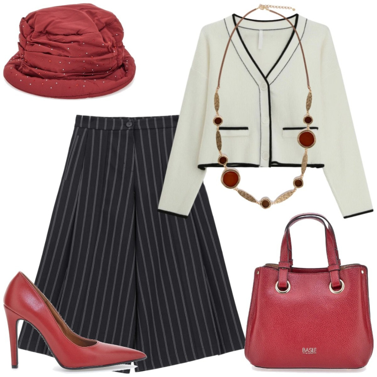 Outfit donna - Décolleté rouge. Stile Glamour per Tutti i giorni. Abbinamento con cardigans, pantaloni, cappelli, décolleté, borse a mano, collane.