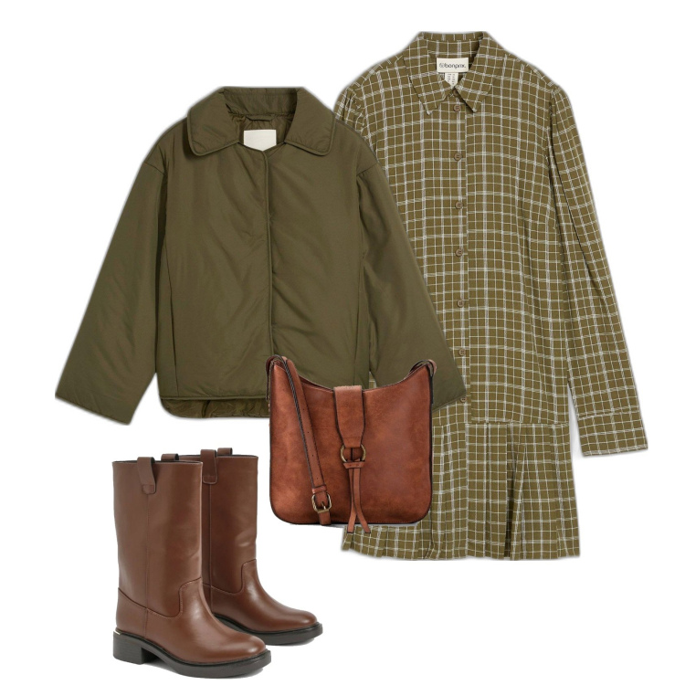 Outfit femme - Kaki carreaux. Style Romantique pour Tous les jours. Assortir avec sacs en bandoulière, blazers, robes chemisier, bottes.